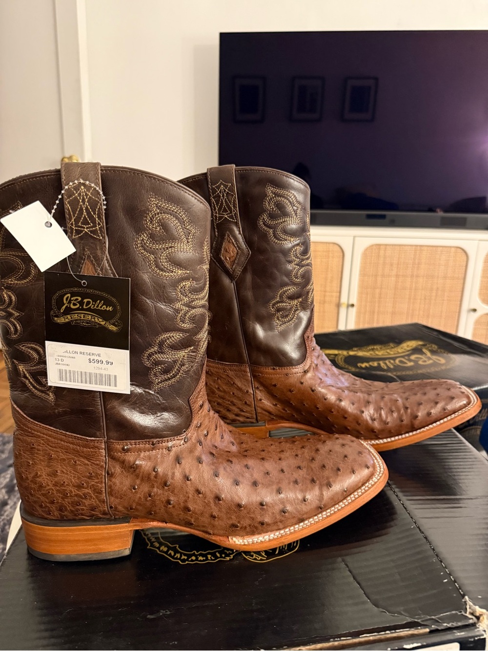 NWB J.B. Dillon Men’s Two-Tone Brown Ostrich Western Boots Size 13